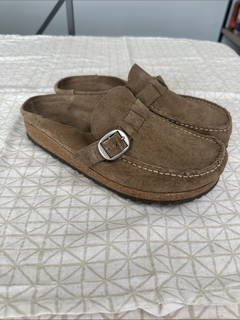 Birkenstock Buckley Taupe Suede Clog Mules with Buckle